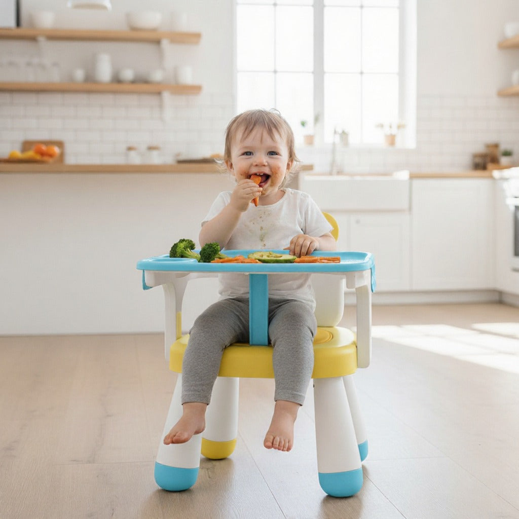 Child sitting on a colorful chair with a small table in a kitchen
