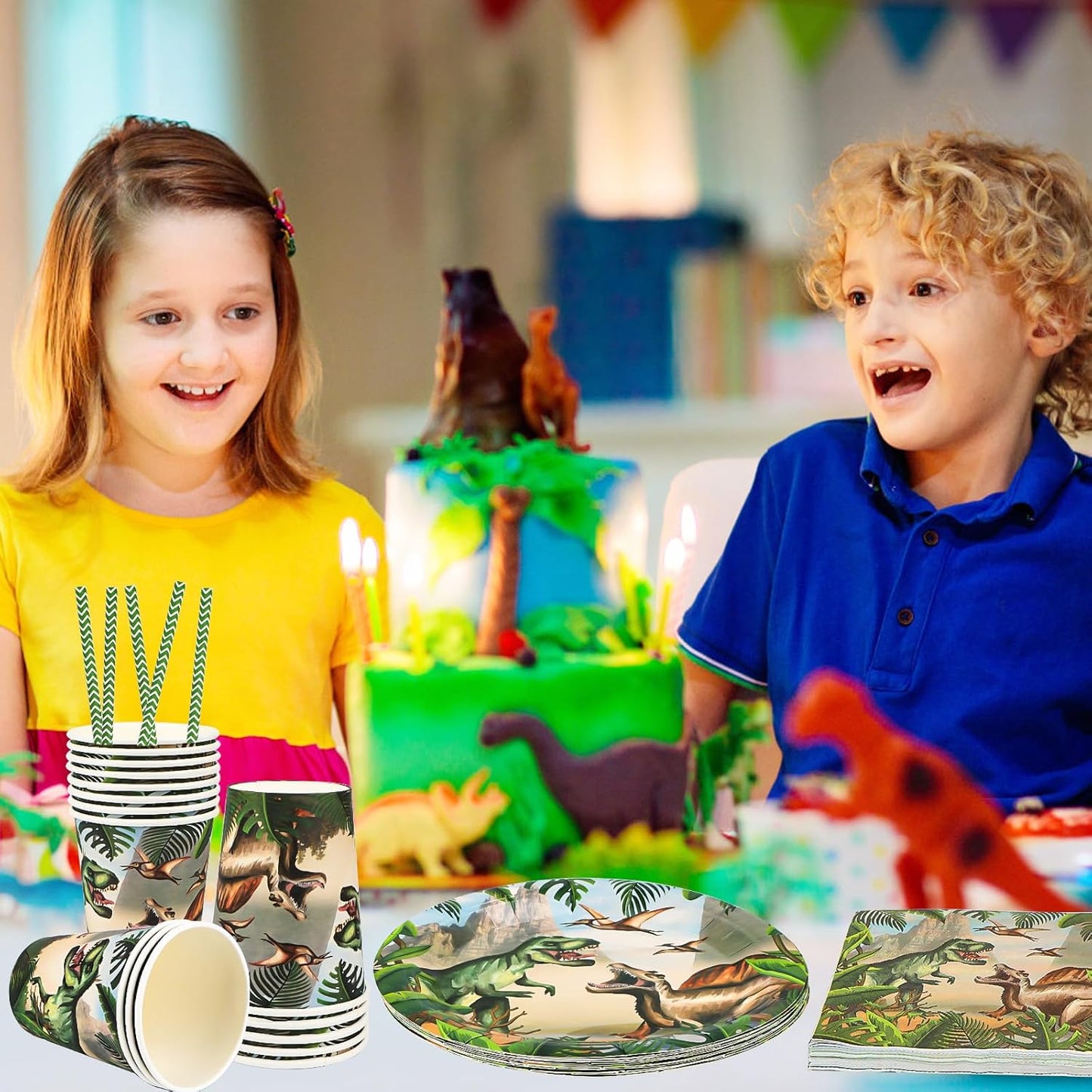 Dinosaur-Themed Birthday Party Disposable Tableware Set - Plates, Cups, Napkins & Tablecloth for Kids' Celebrations and Baby Showers