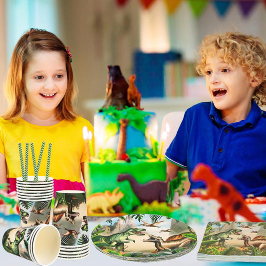 Dinosaur-Themed Birthday Party Disposable Tableware Set - Plates, Cups, Napkins & Tablecloth for Kids' Celebrations and Baby Showers