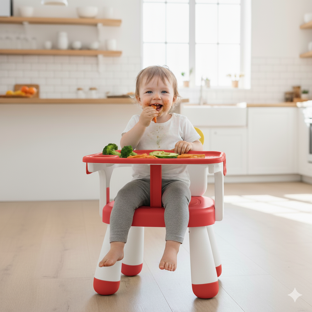 Child sitting on a red and white chair with a tray in a kitchen