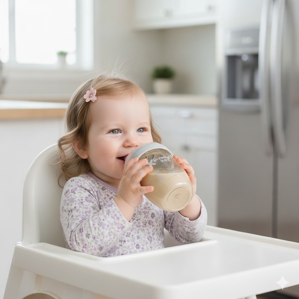 Child in a high chair drinking from a cup in a kitchen