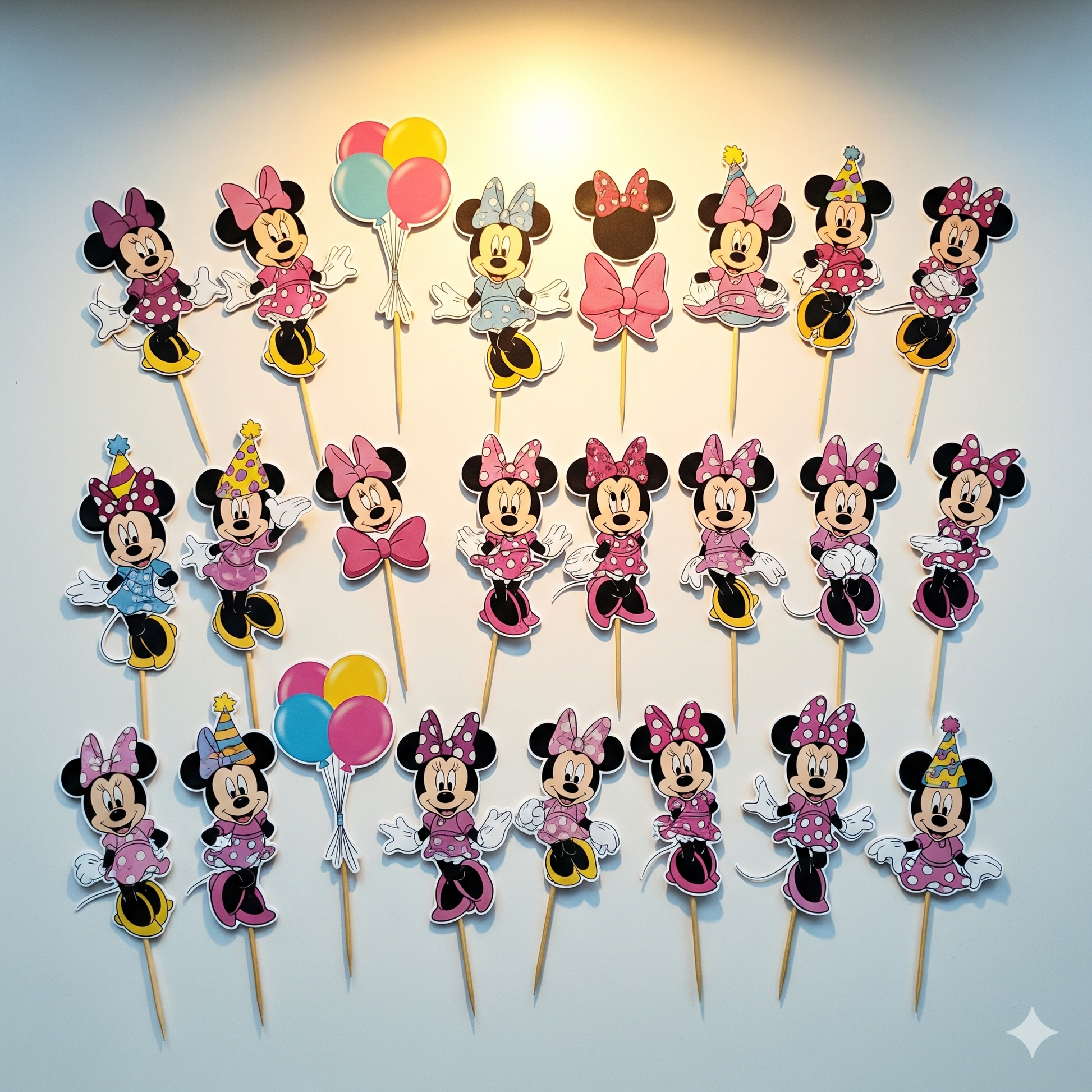 Set of Minnie Mouse cake toppers with balloons on sticks against a light background