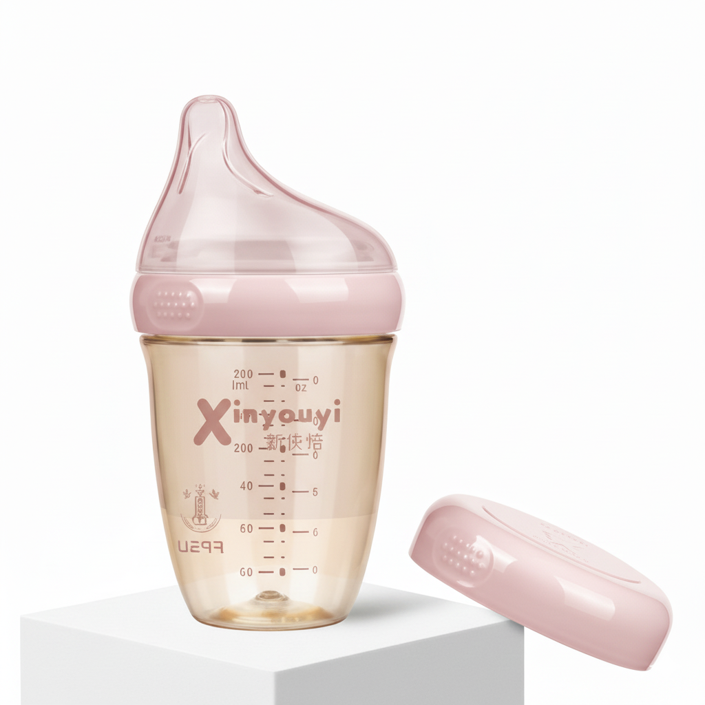 Baby bottle with pink cap and cover on a white background