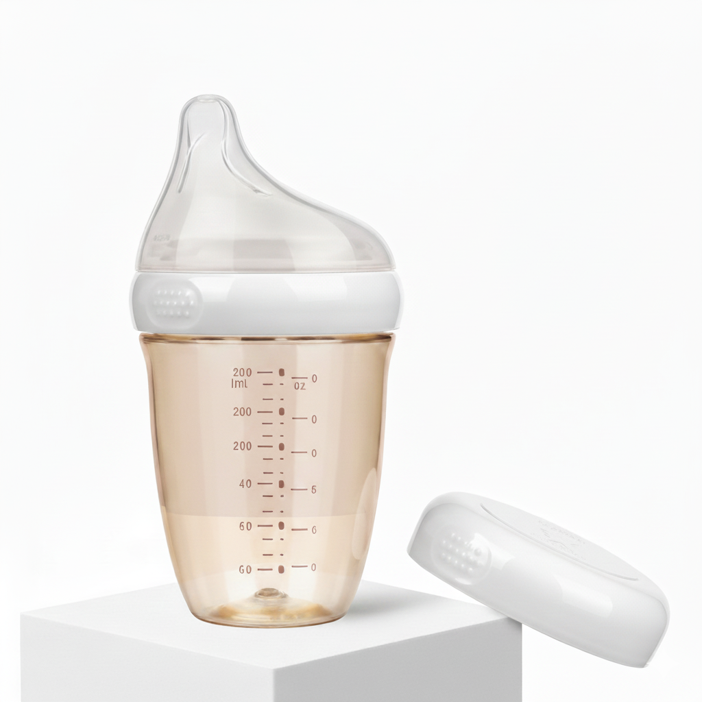 Clear baby bottle with measurement markings on a white background