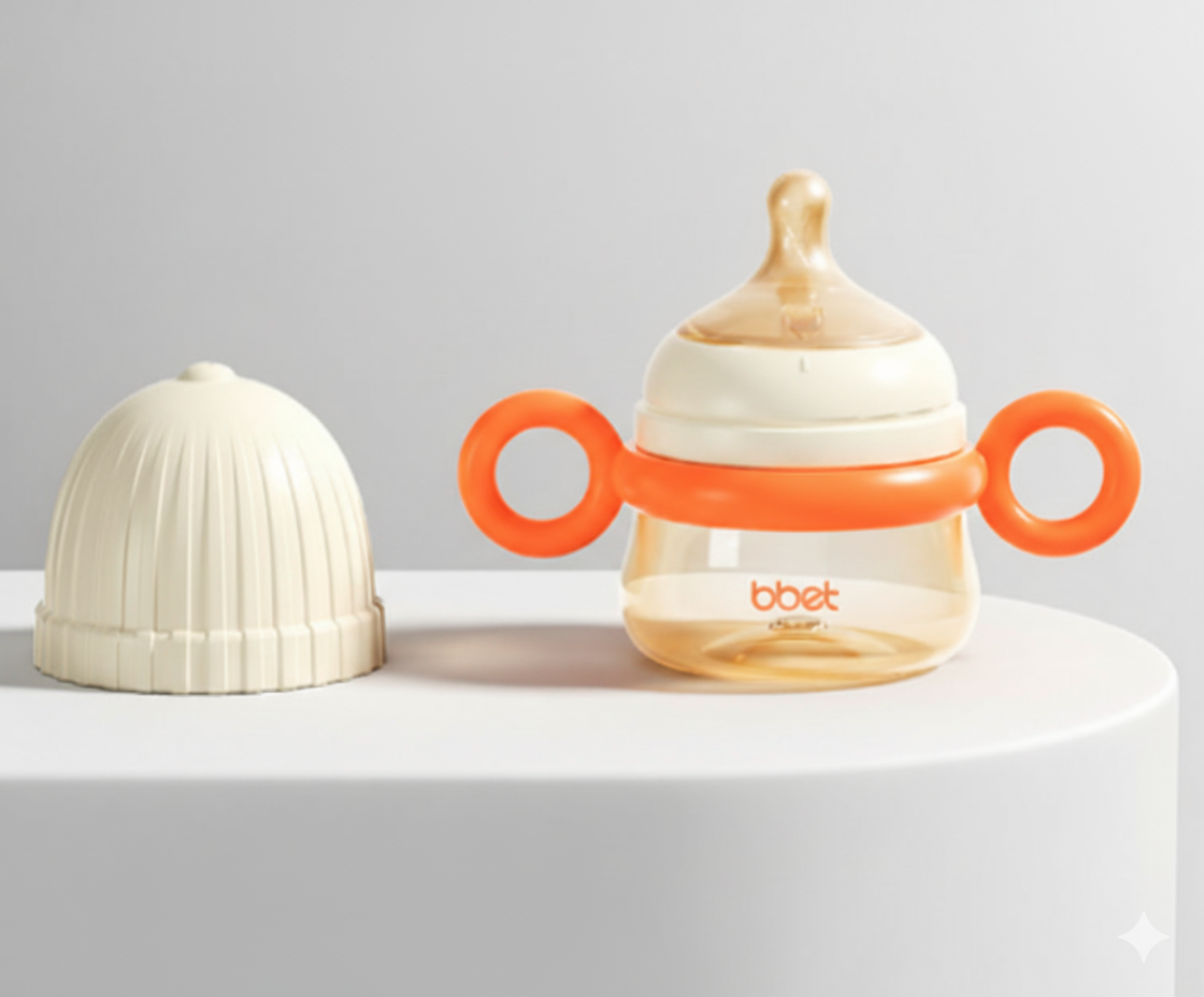 Baby bottle with orange handles and white cap on a light gray background