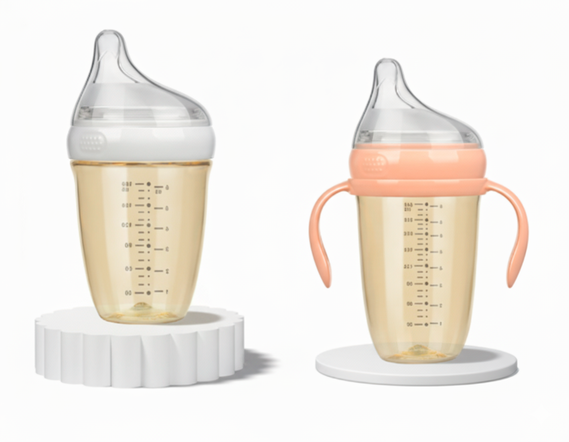 Two baby bottles with silicone spouts on a white background