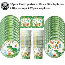 Dinosaur-Themed Birthday Party Disposable Tableware Set - Plates, Cups, Napkins & Tablecloth for Kids' Celebrations and Baby Showers