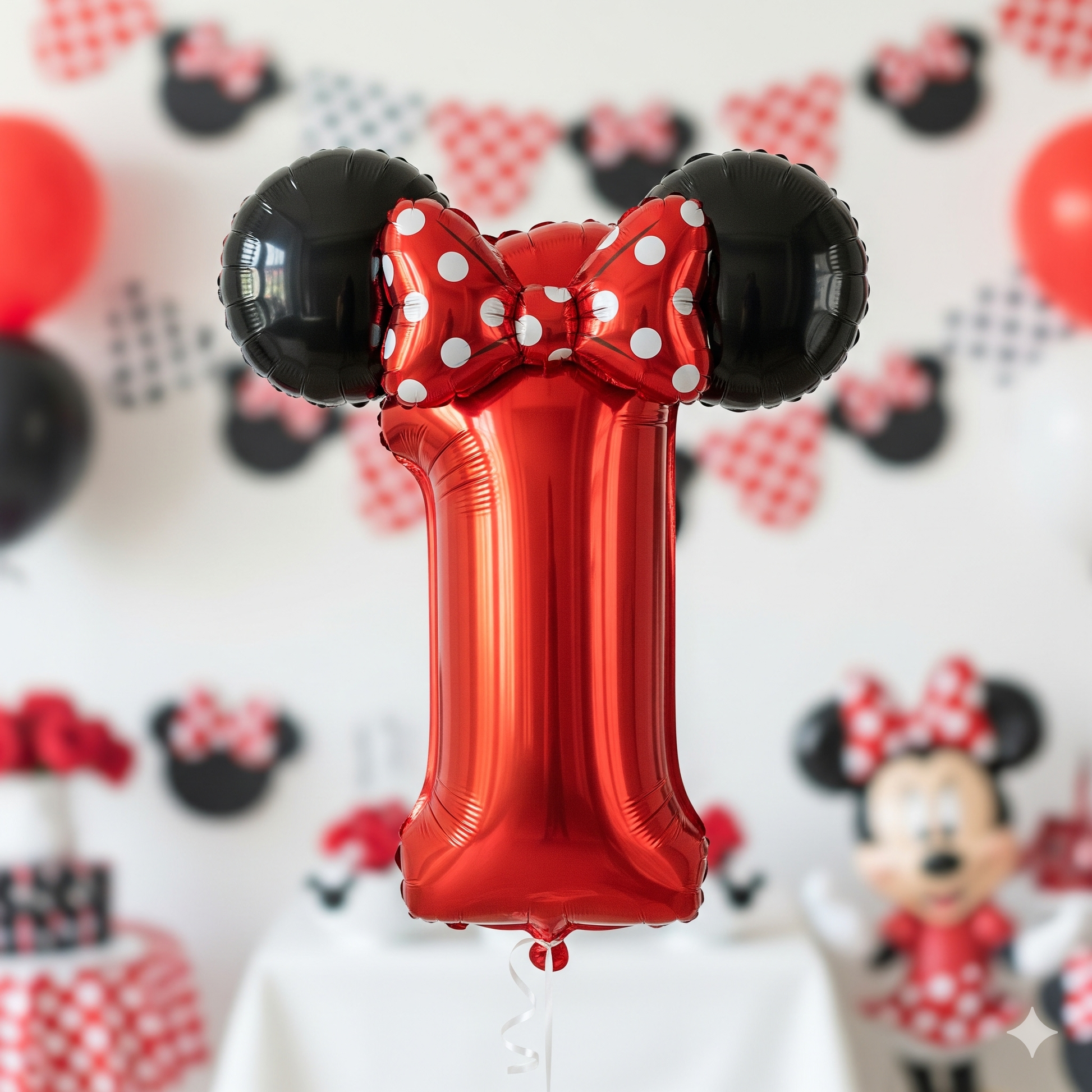 Red balloon shaped like the number '1' with a white polka dot bow and black ears on a blurred background with cartoon characters.