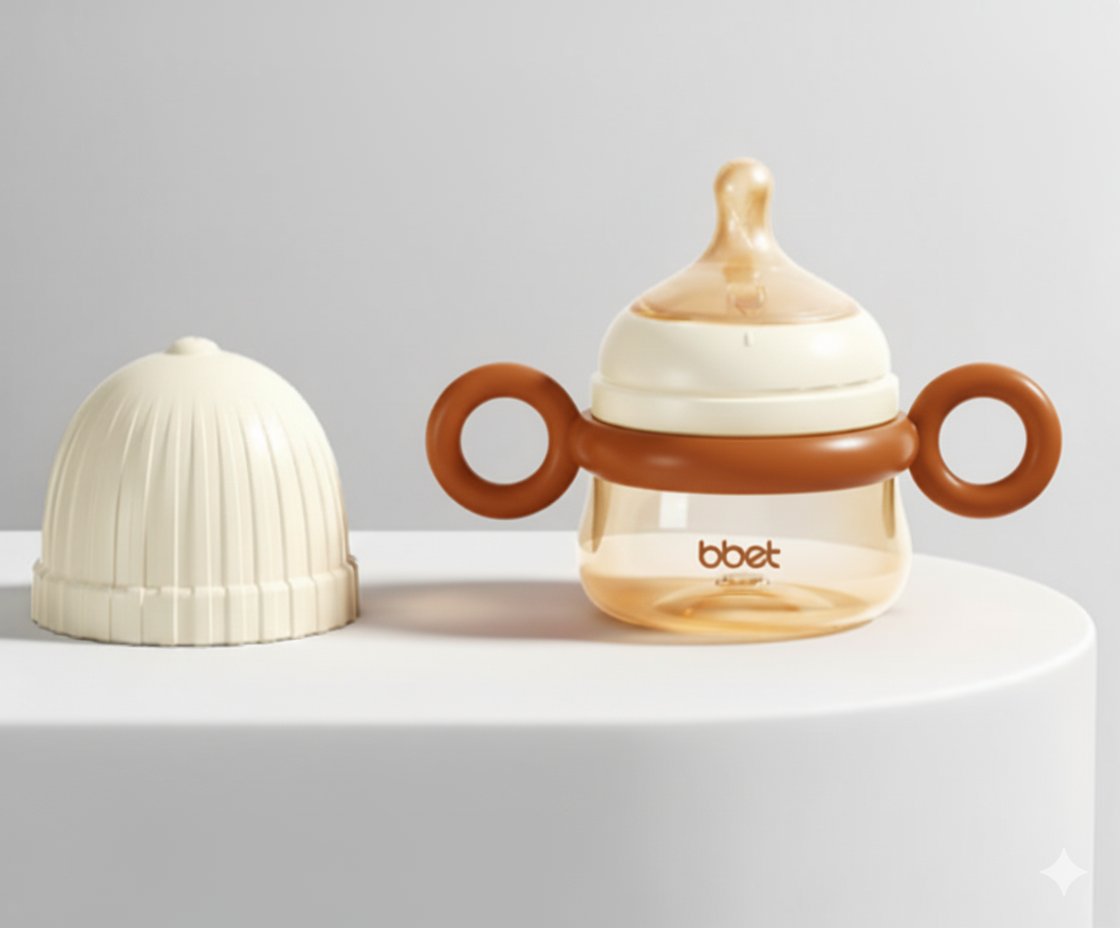 Baby bottle with brown handles and white cap on a light gray background