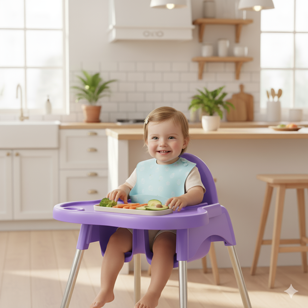 Child in a purple high chair with a tray in a kitchen