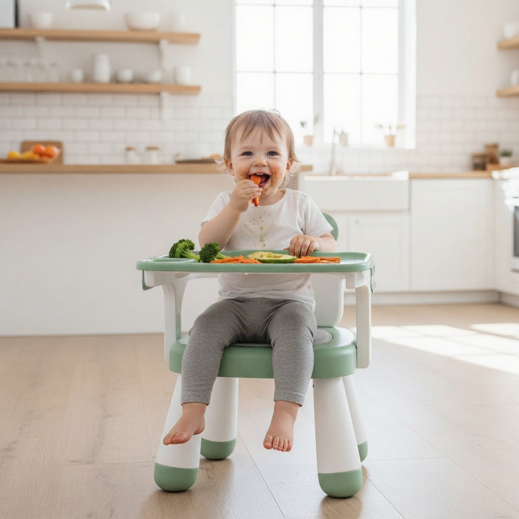 Child sitting in a green and white增高桌 in a kitchen