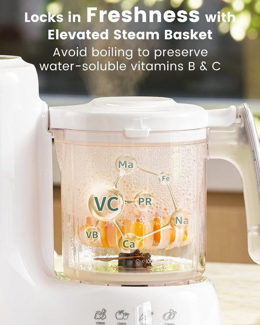 Juicer with a transparent container showing vitamins and text about preserving freshness with an elevated steam basket.