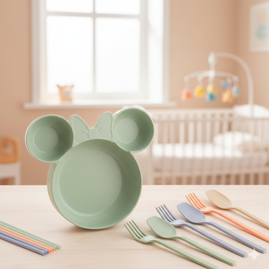 3-Piece Wheat Straw Baby Bowl Set - Cartoon Dinnerware with Spoon Fork