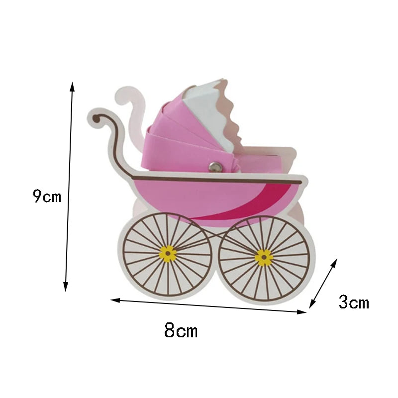 Measurement chart of a pink baby stroller toy with dimensions labeled.