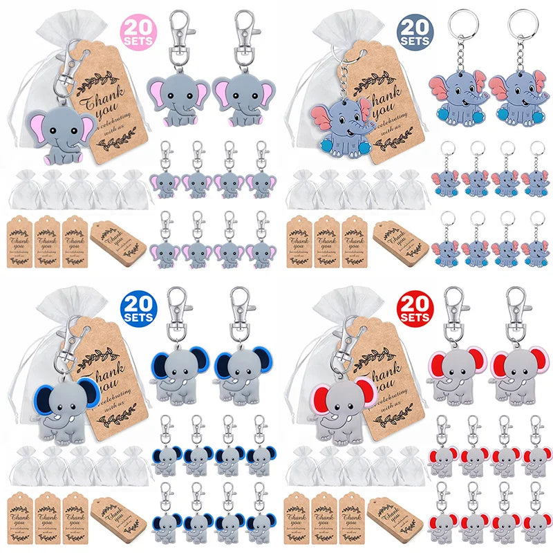 Collection of elephant keychains with 'thank you' tags in clear bags on a white background