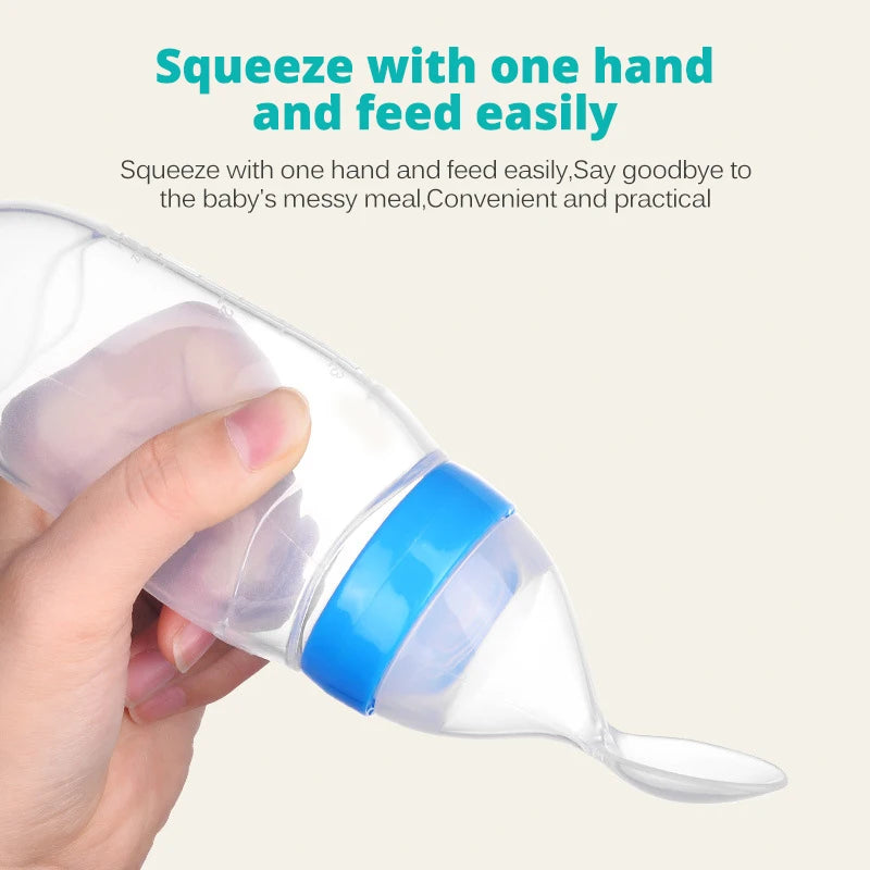 Hand holding a baby feeding bottle with text on a beige background