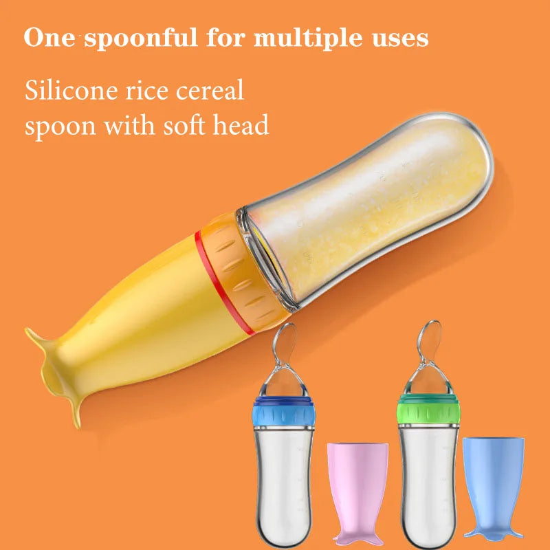 Silicone rice cereal spoon with soft head on an orange background