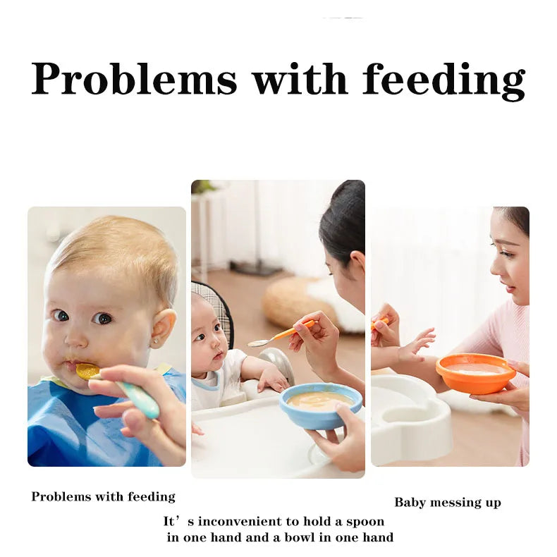 Collage of images showing problems with feeding a baby, including holding a spoon and bowl, and baby mess.