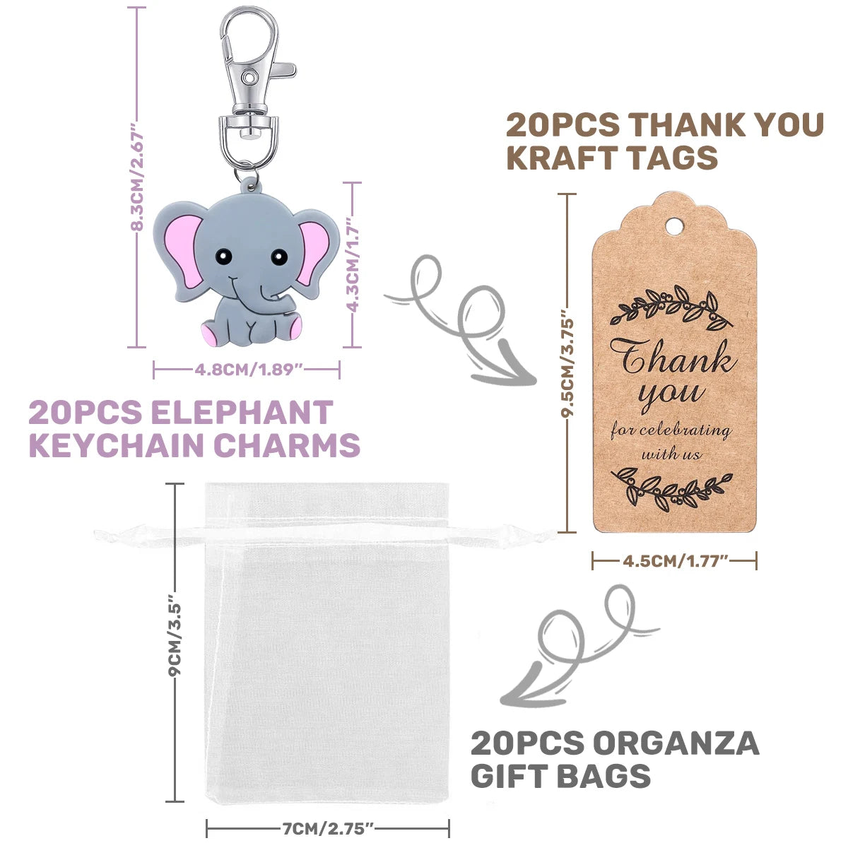 Product set with elephant keychain charms, kraft tags, and organza gift bags with dimensions and quantities.
