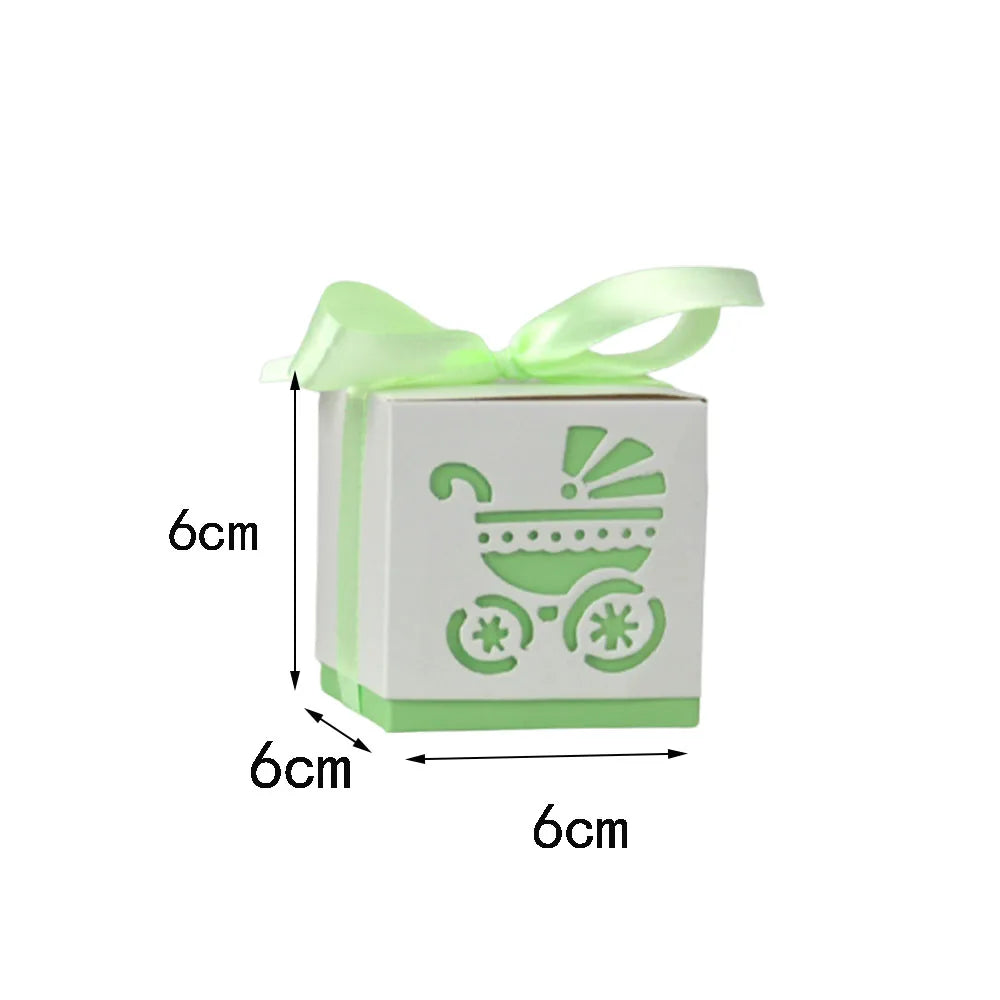 White gift box with green ribbon and baby stroller design, dimensions shown.