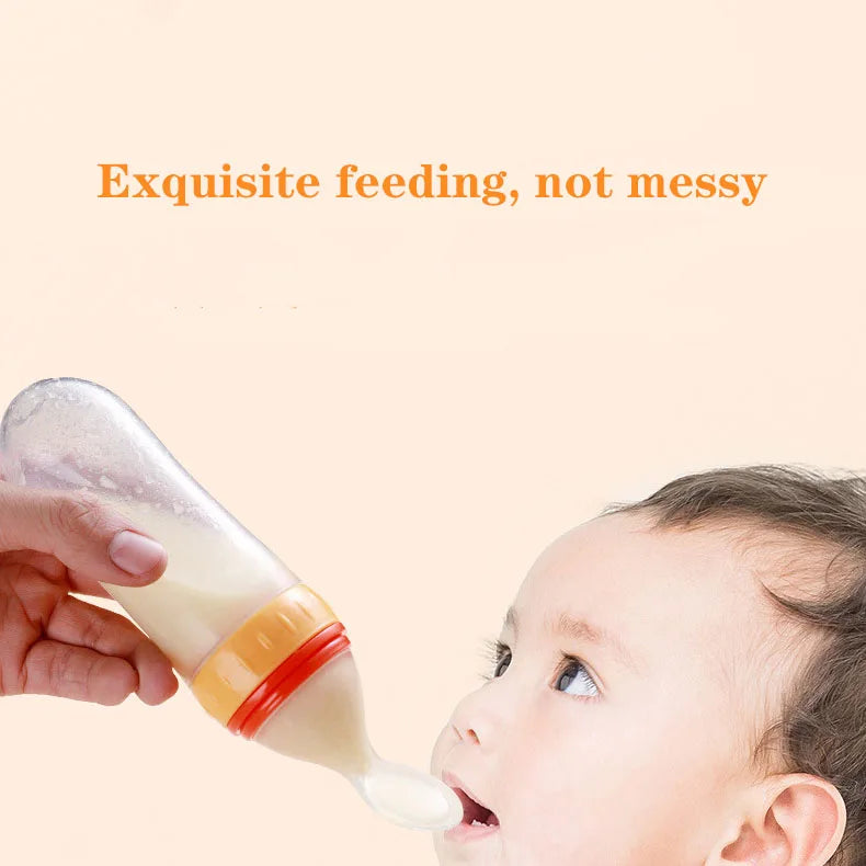 Baby being fed from a bottle with text 'Exquisite feeding, not messy' on a beige background