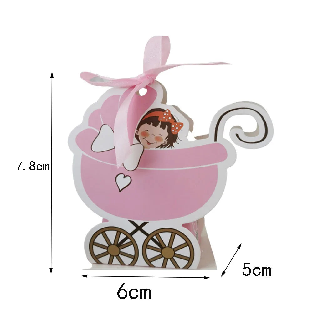 Pink baby carriage with a baby doll inside, showing dimensions on a white background