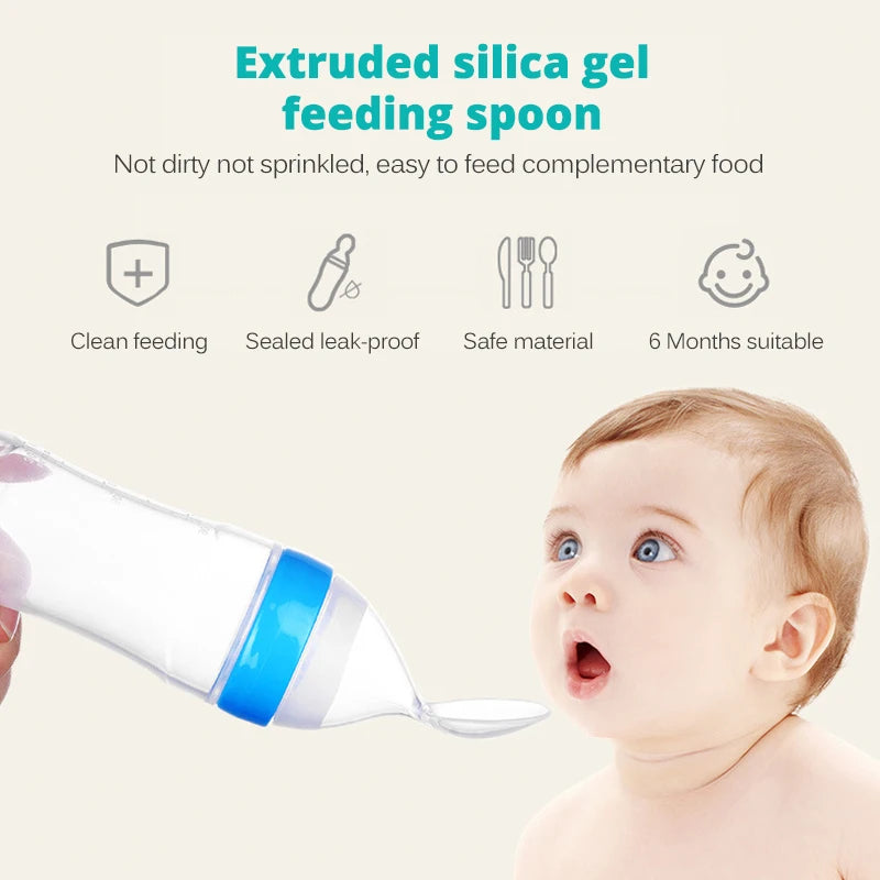 Extruded silica gel feeding spoon with baby and product features on a light background
