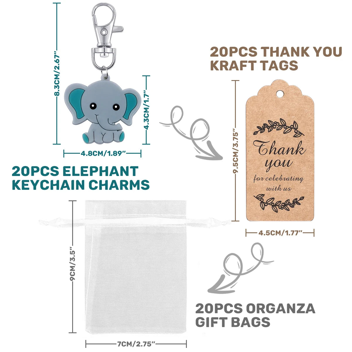 Product set with elephant keychain charms, kraft tags, and organza gift bags with dimensions displayed.