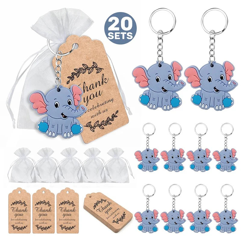 Set of elephant keychains with 'thank you' tags and bags on a white background