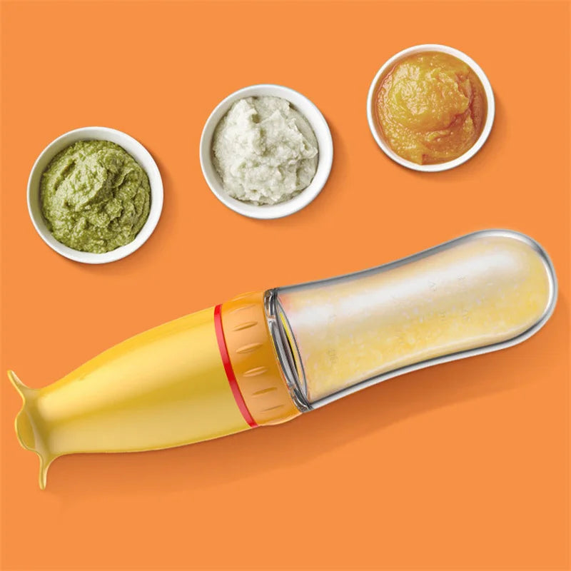 Yellow baby food puree maker with three bowls of different purees on an orange background