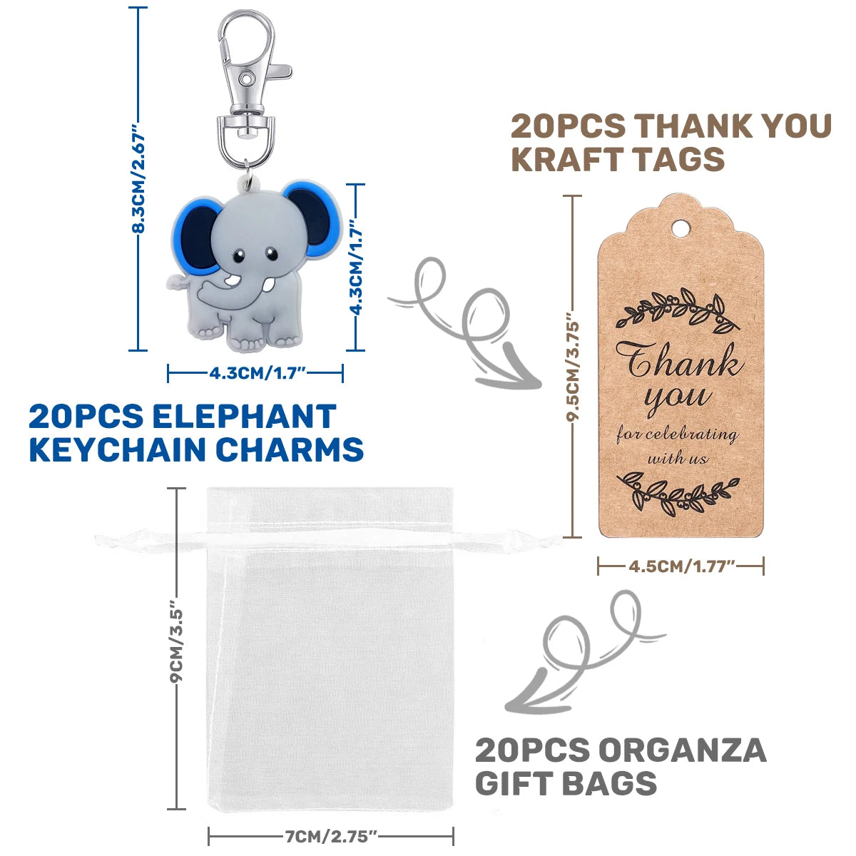 Set of elephant keychain charms, thank you kraft tags, and organza gift bags with dimensions and quantities.
