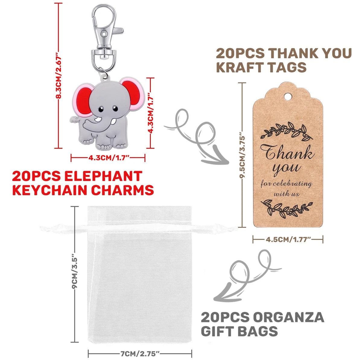 Set of elephant keychain charms, kraft thank you tags, and organza gift bags with dimensions and quantities.