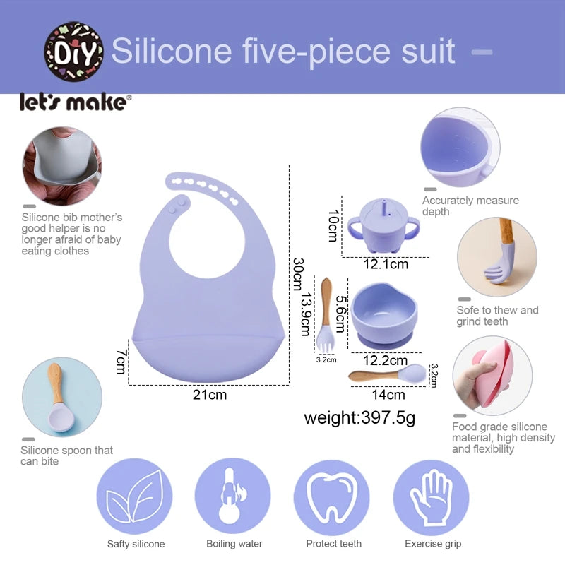 Silicone five-piece baby product set with features and measurements on a white background