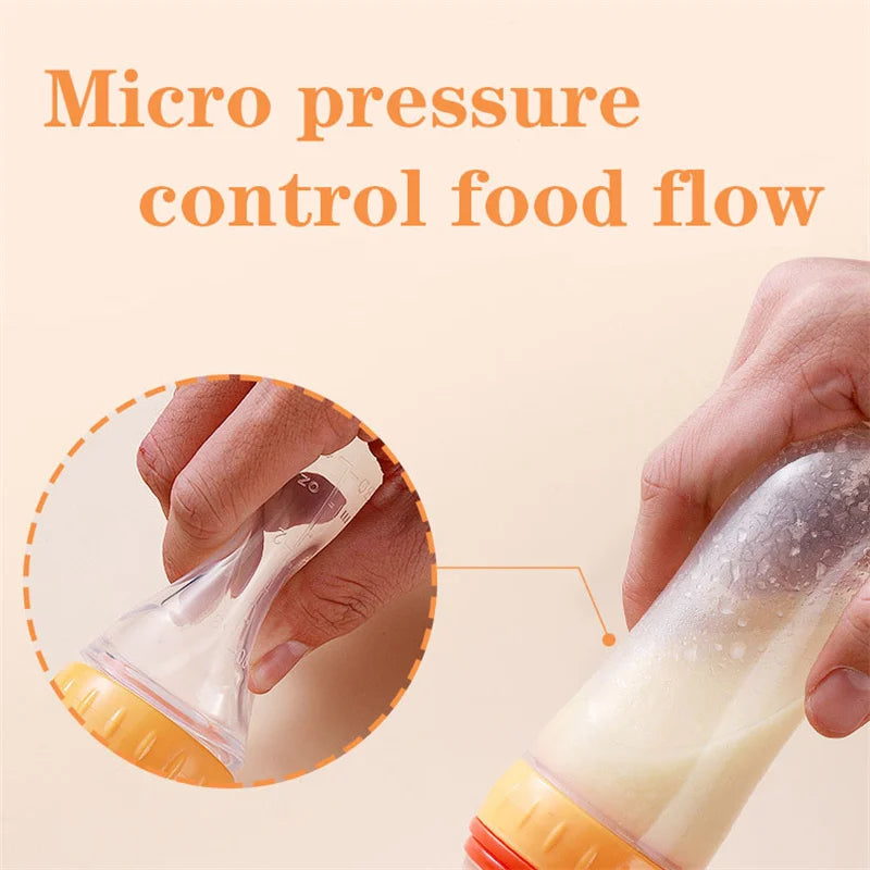 Bottle with a micro pressure control feature for food flow, held by a hand.