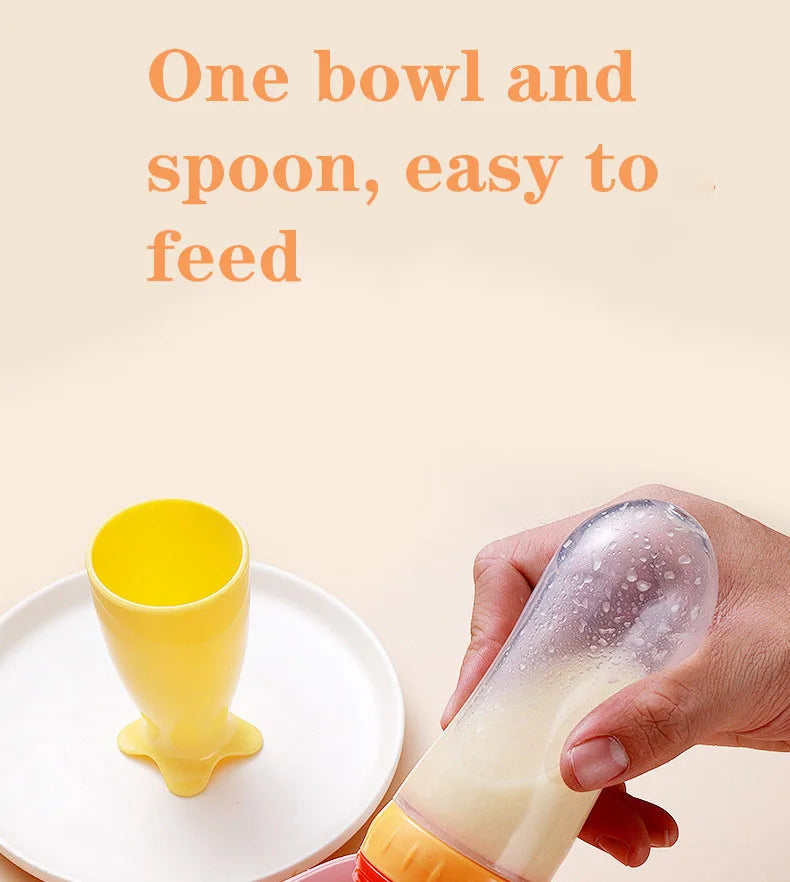 Yellow cup and spoon with a hand holding a spoon filled with a white substance on a beige background.