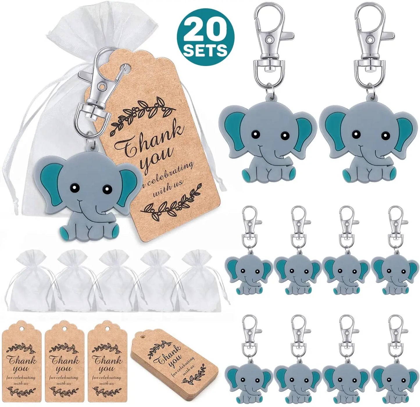 Set of elephant keychains with 'Thank you' tags and small bags on a white background