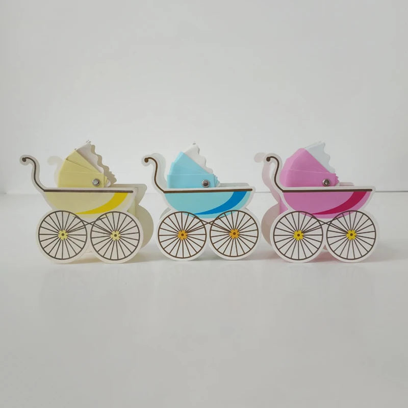 Three colorful baby strollers on a white background