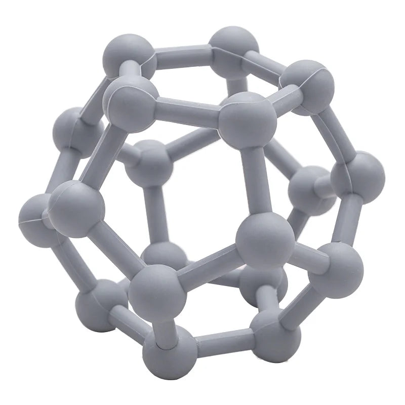 Geometric model of a molecular structure with gray spheres and rods on a white background