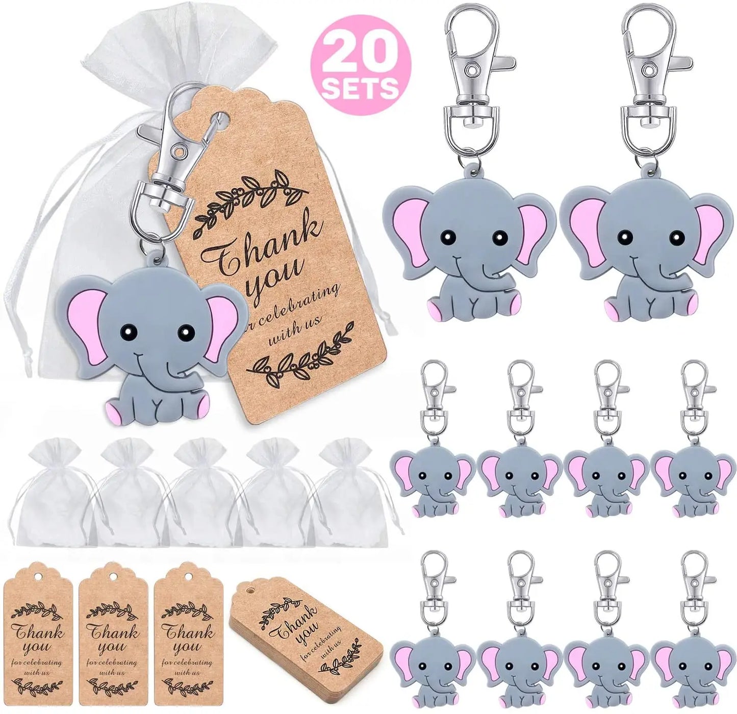 Set of elephant keychains with 'Thank you' tags and small bags on a white background