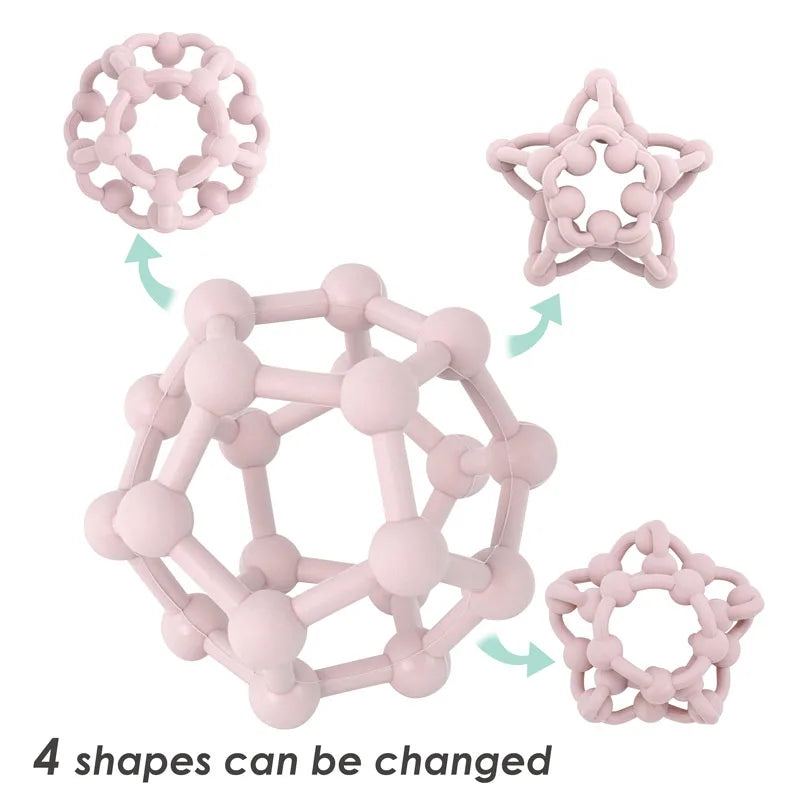 Pink silicone teething ring with multiple shapes on a white background