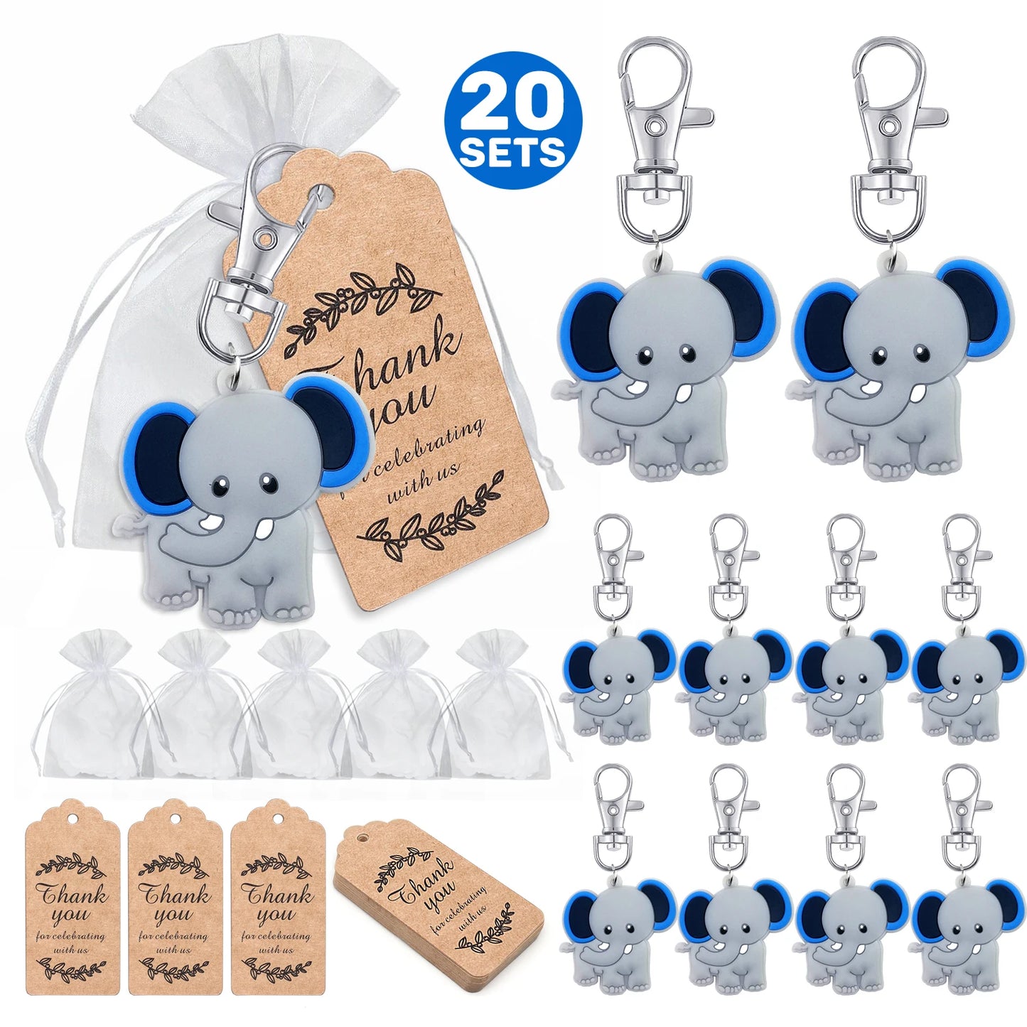 Set of elephant keychains with packaging and tags on a white background