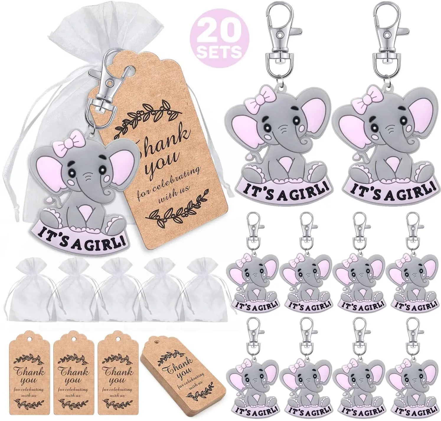 Set of elephant keychains with 'It's a Girl!' text and gift tags on a white background