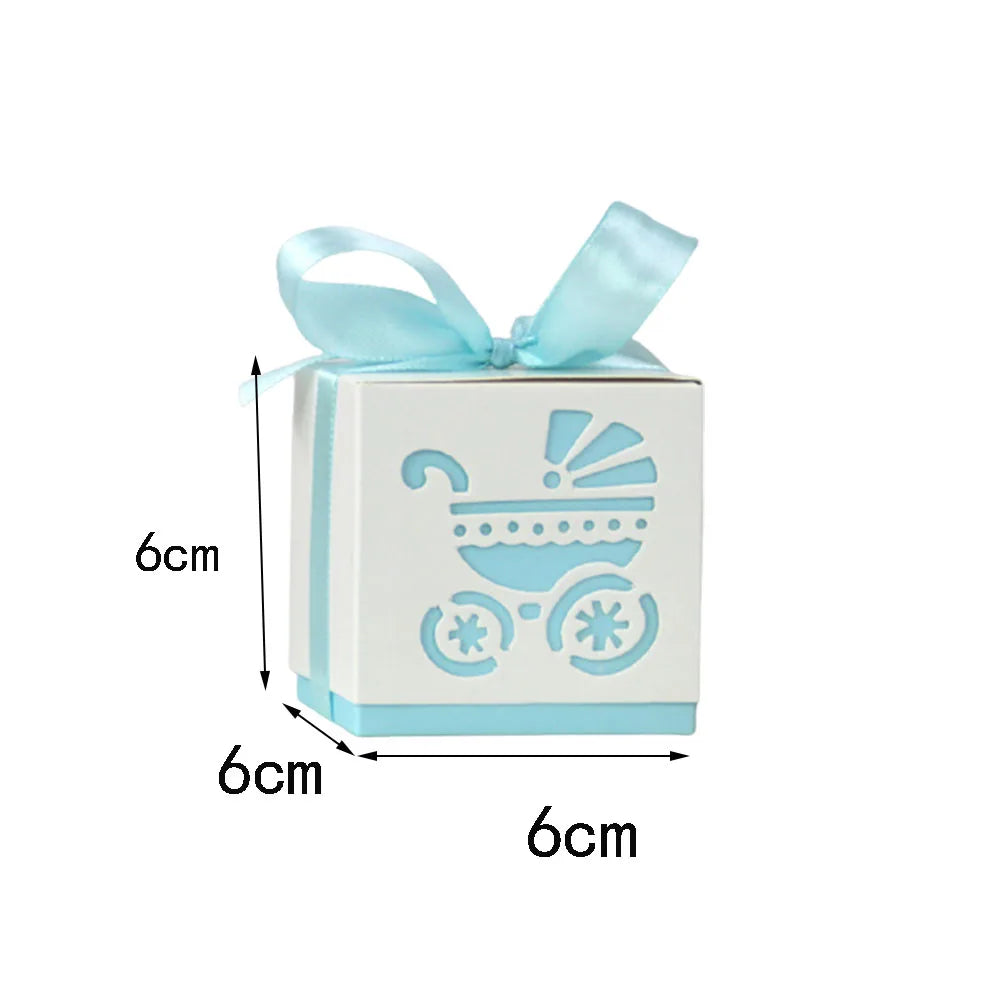 Small white box with blue ribbon and baby stroller design, shown with dimensions.