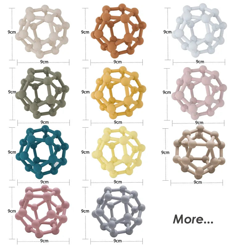 Set of geometric-shaped toys in various colors with dimensions indicated.