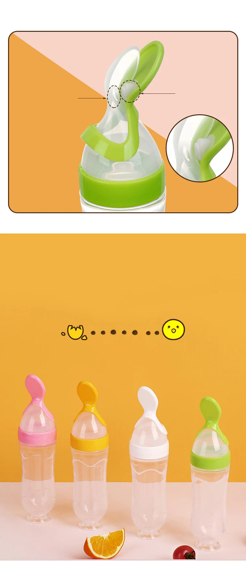 Set of baby bottles with colorful caps on a pink background