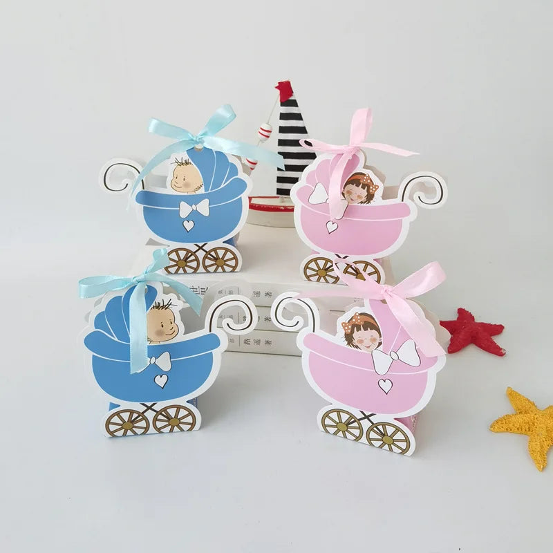 Decorative baby carriages in blue and pink on a light gray background