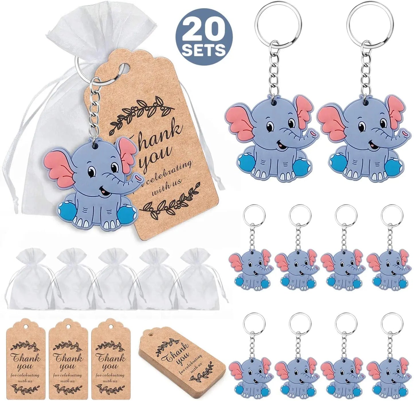 Set of elephant keychains with matching gift tags and bags on a white background