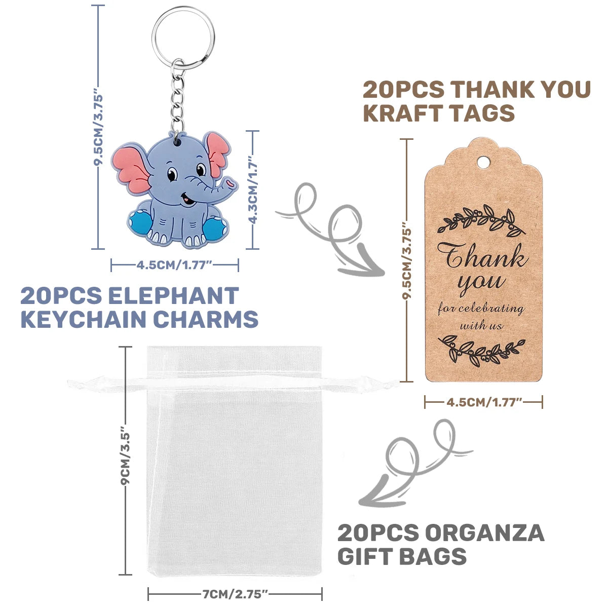Product set with elephant keychain charms, kraft tags, and organza gift bags with dimensions displayed.