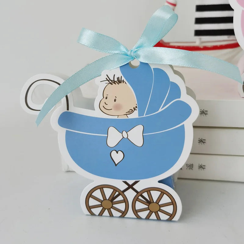 Card with a blue baby carriage and ribbon on a white background