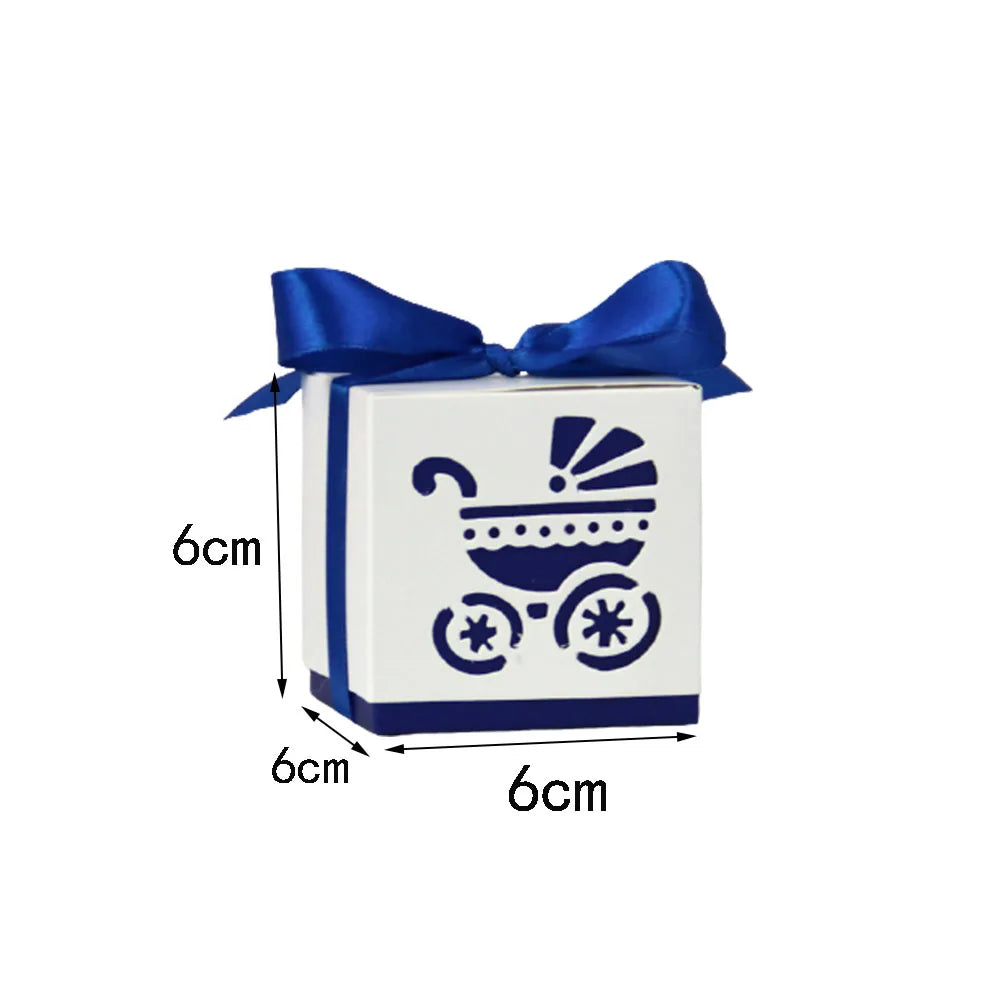 White gift box with blue ribbon and baby carriage design, dimensions indicated.